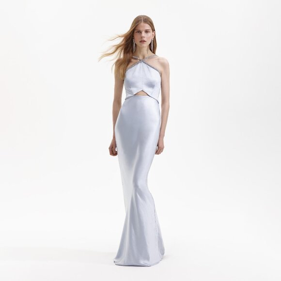 NWT Self Portrait US Size 4 Blue Diamante Maxi Dress Satin w/ cutout rhinestone - Picture 1 of 7